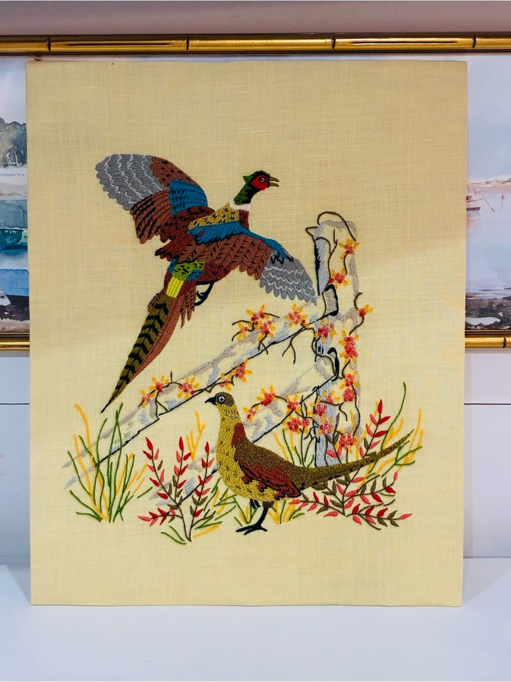 Vintage 1970s LeeWards Pheasant Crewel Embroidery Wall Art - Signed Backing